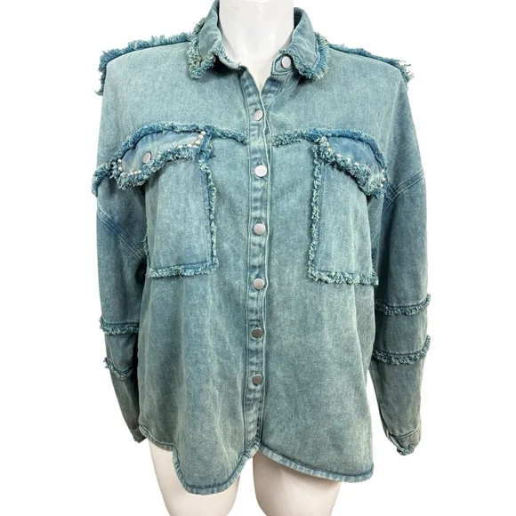 POL Frayed Denim Shacket Jacket Size L Blue Snap Front Distressed Western Style - Picture 1 of 10